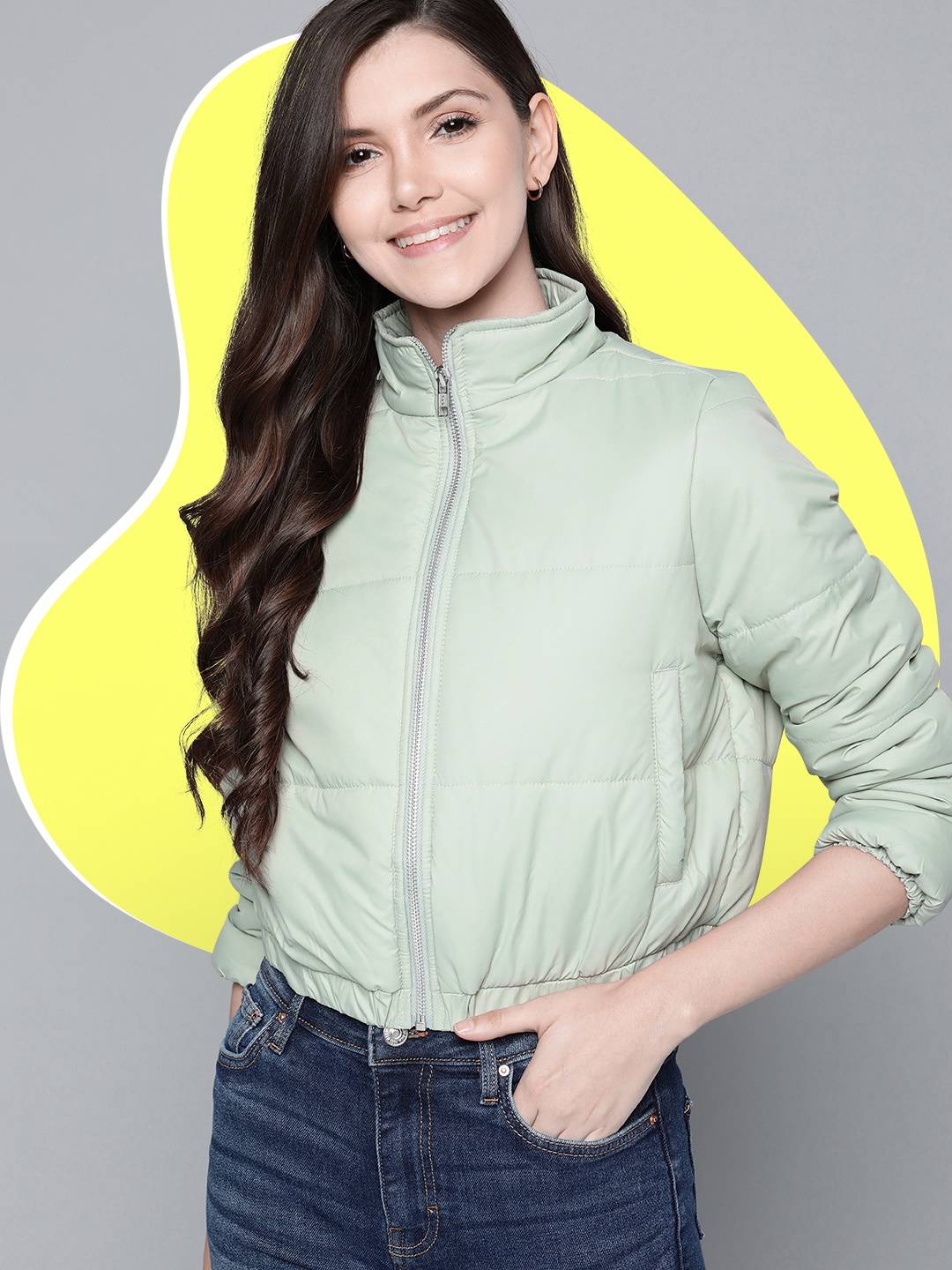 

Mast & Harbour Women Green Solid Crop Padded Jacket