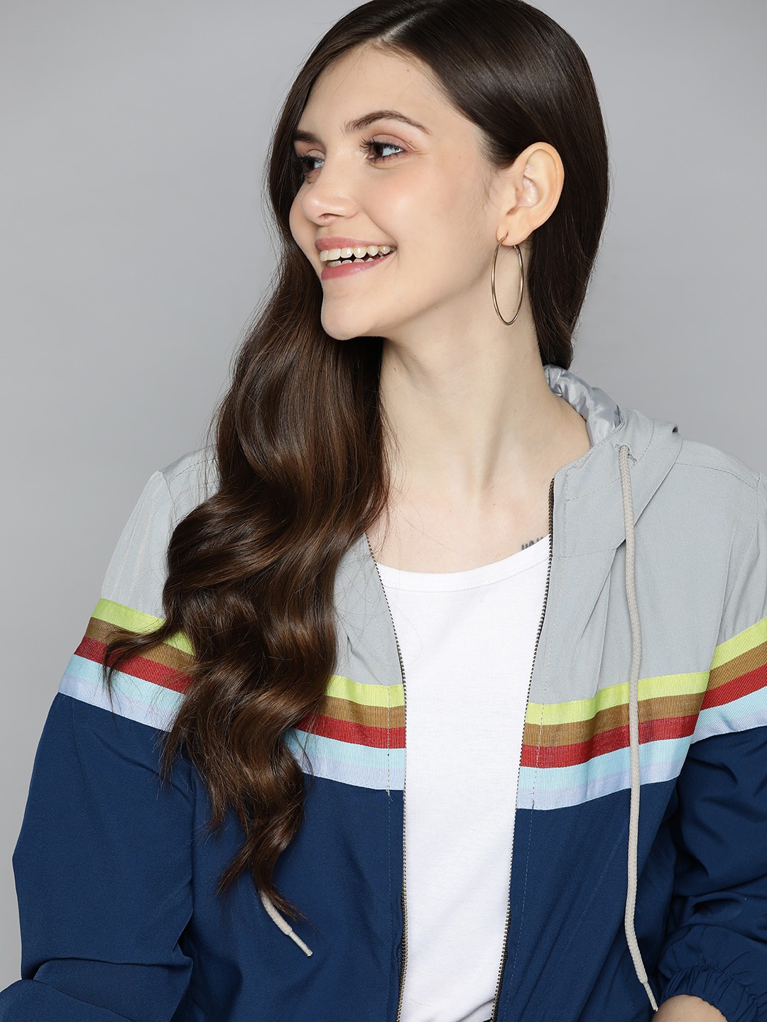 

Mast & Harbour Women Grey & Navy Blue Colourblocked Tailored Jacket