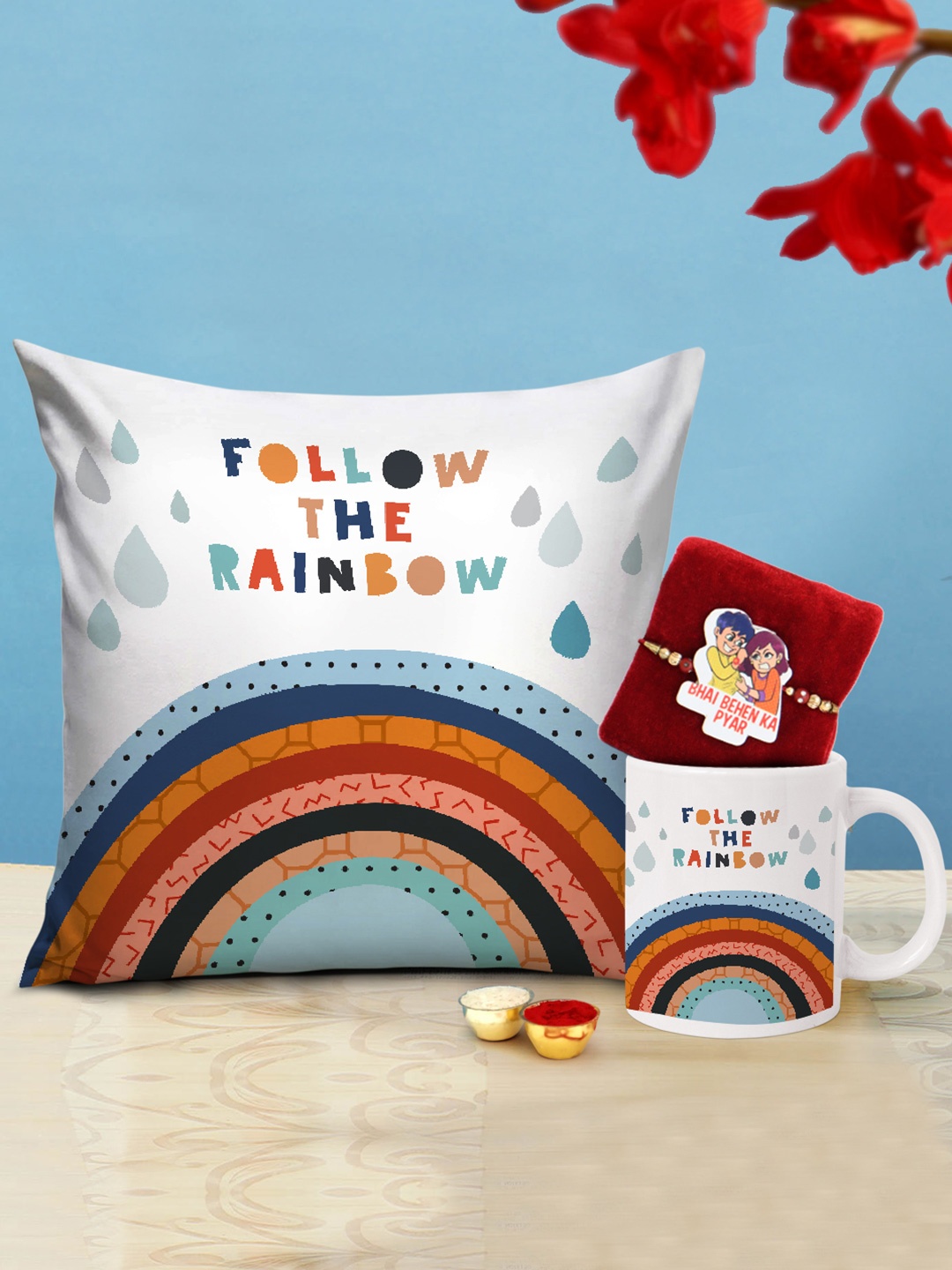 

TIED RIBBONS White & Red Printed Cushion & Coffee Mug Gift Set