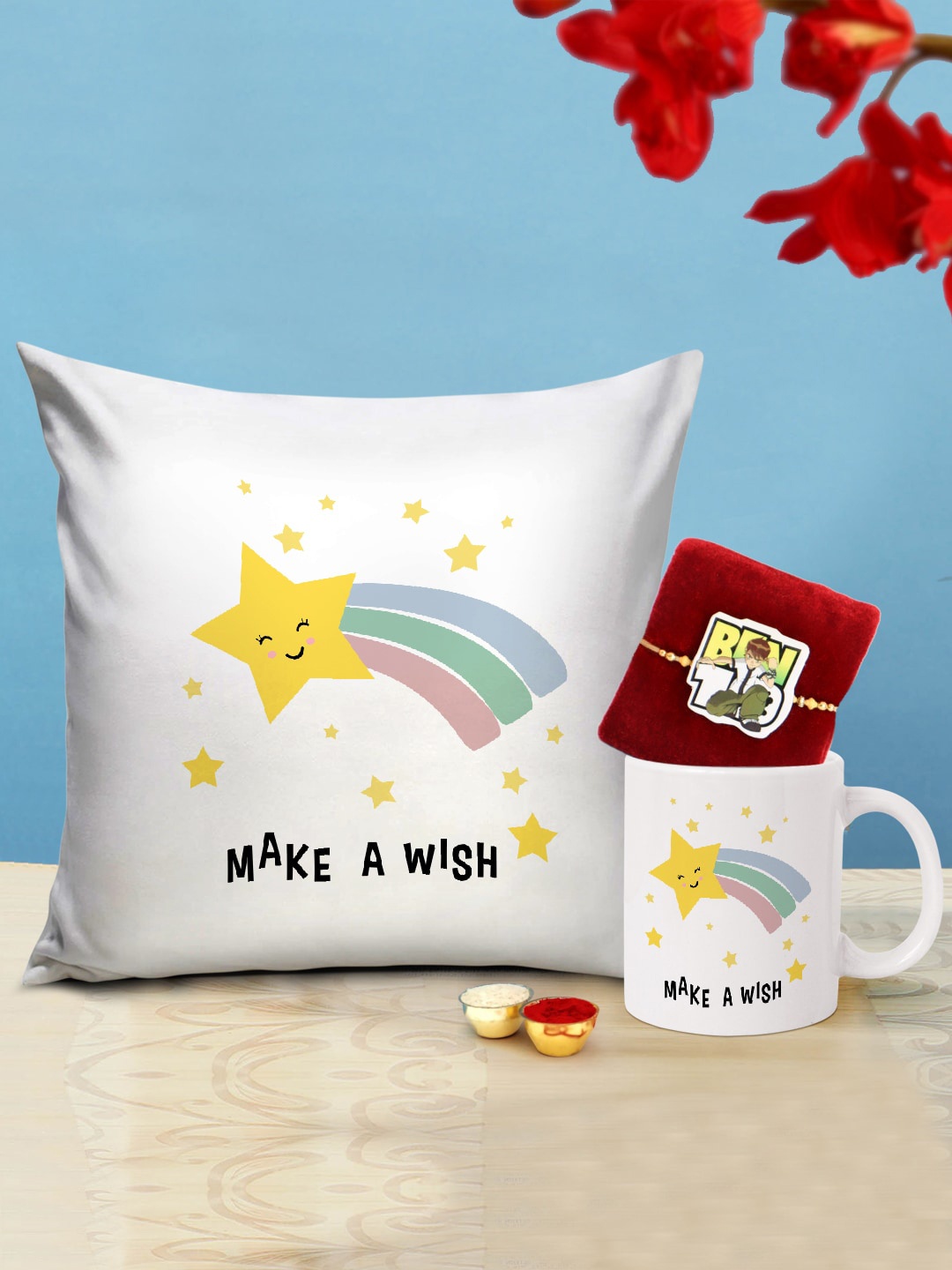 

TIED RIBBONS Kids Rakhi with Printed Cushion Coffee Mug Gift Set, White