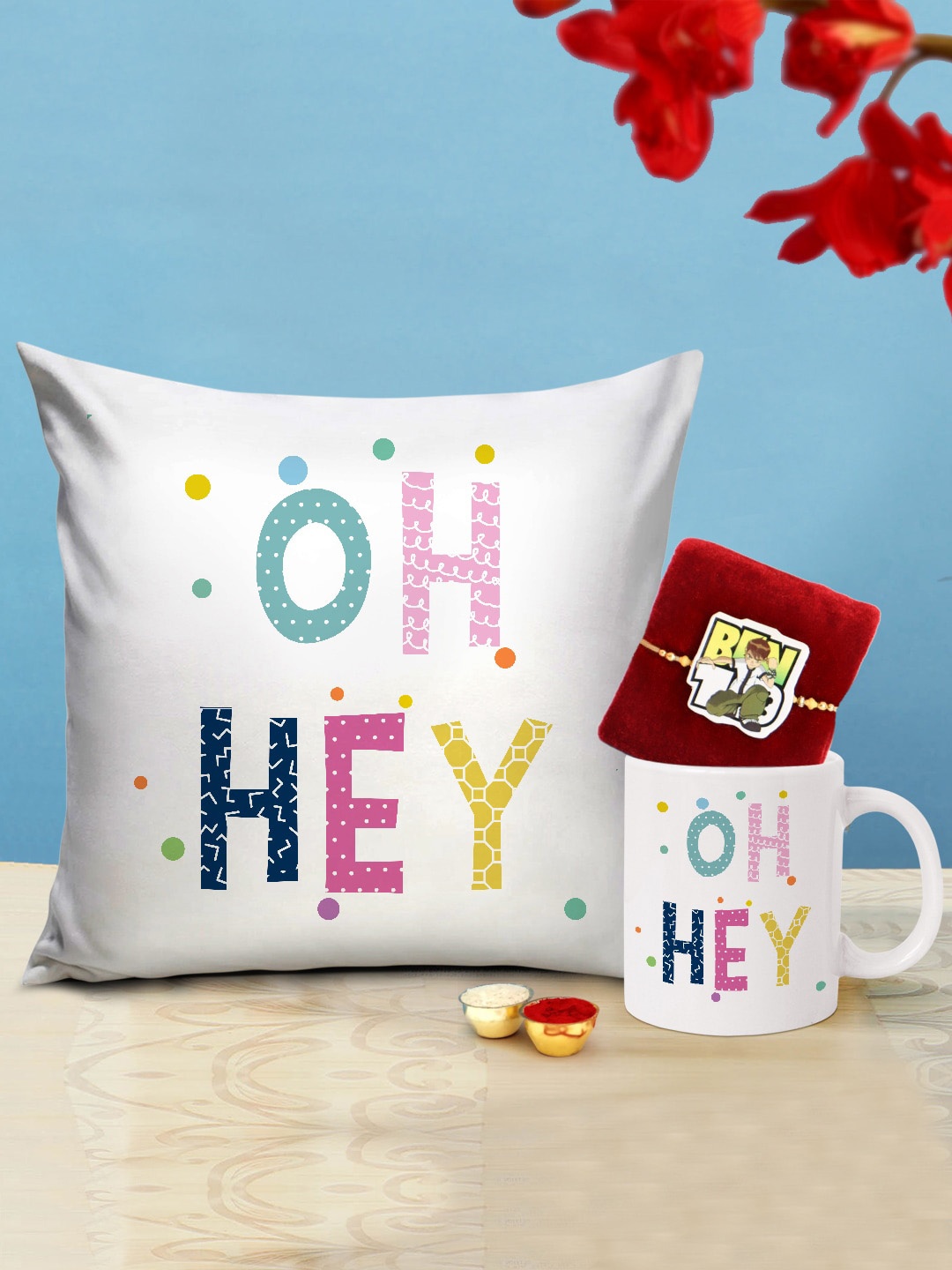 

TIED RIBBONS Kids White Rakhi with Printed Cushion Coffee Mug Gift Set