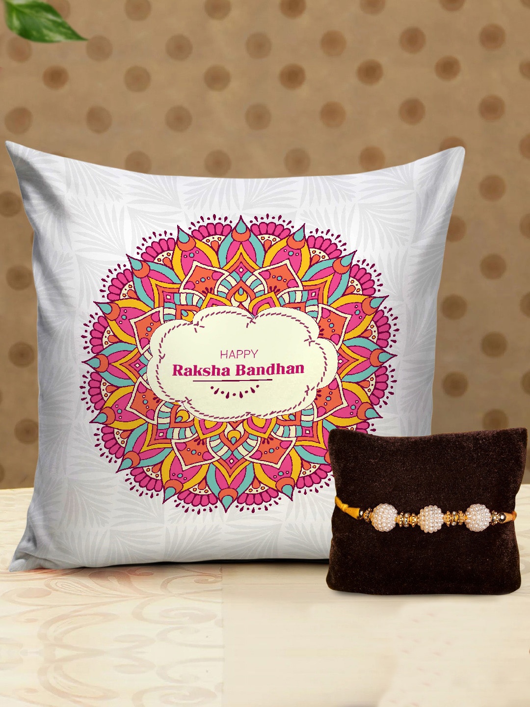 

TIED RIBBONS Men's Pearl Rakhi With Printed Cushion & Filler Set, Red