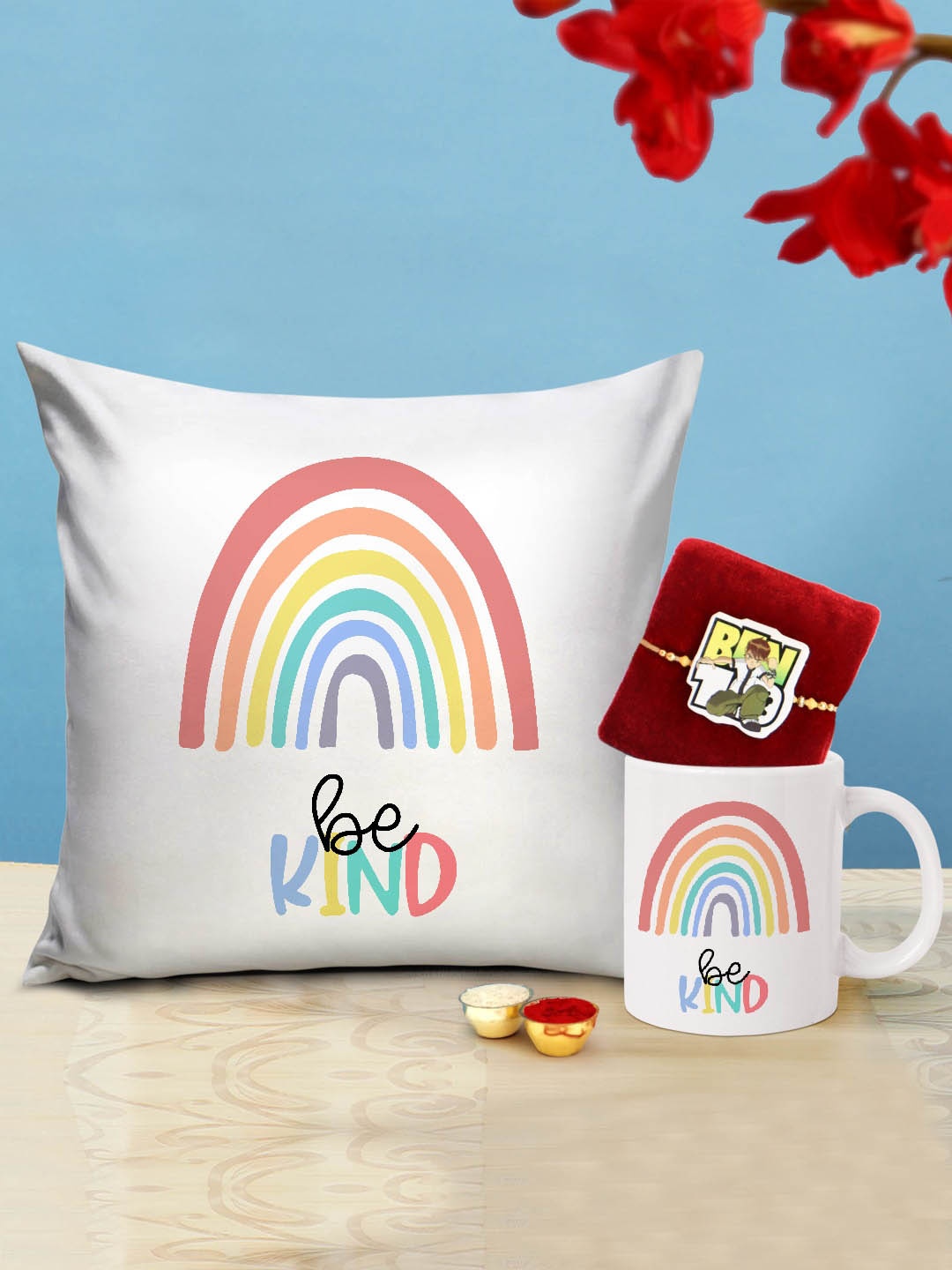 

TIED RIBBONS Kids Rakhi With Printed Cushion & Coffee Mug, Multi