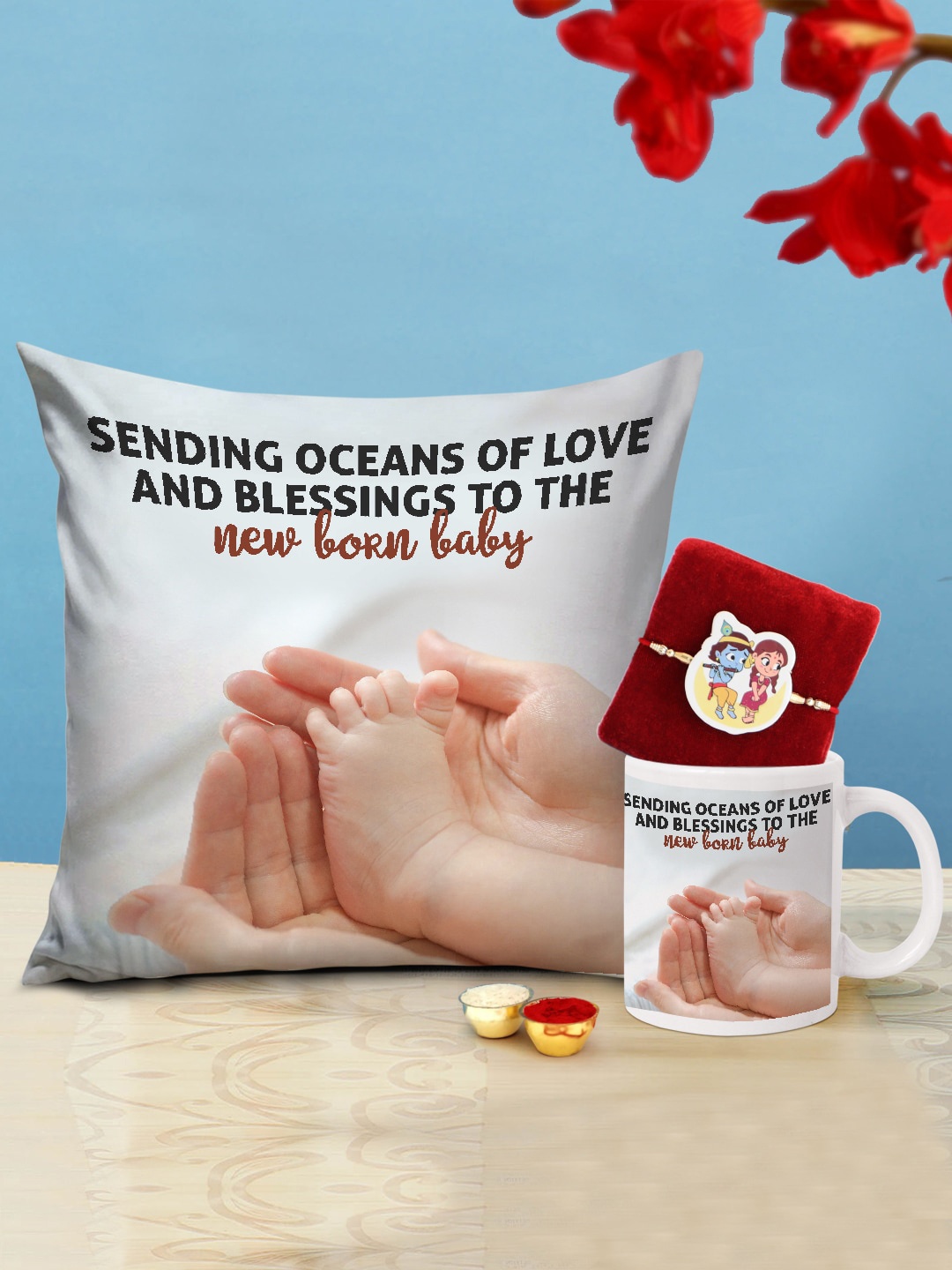 

TIED RIBBONS Kids Rakhi With Printed Cushion Coffee Mug Gift combo Set, Multi