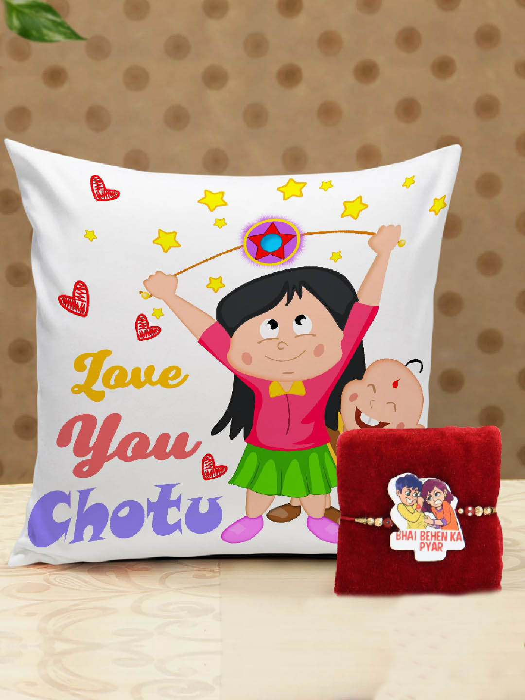 

TIED RIBBONS Kids White Printed Cushion, Coffee Mug & Cartoon Kids Rakhi