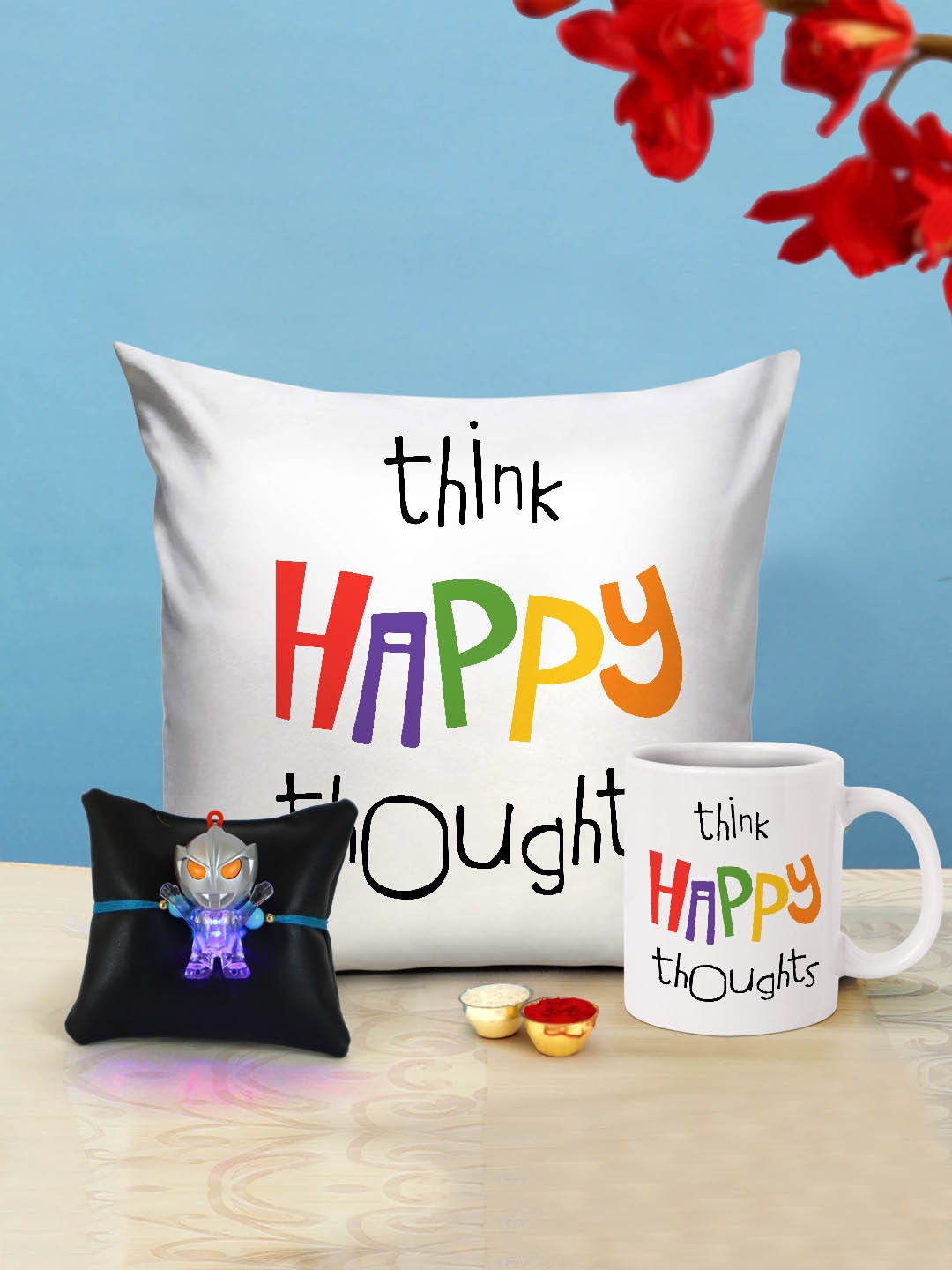 

TIED RIBBONS Kids Multicolored LED Lights Rakhi With Printed Cushion Coffee Mug Gift Set, Multi