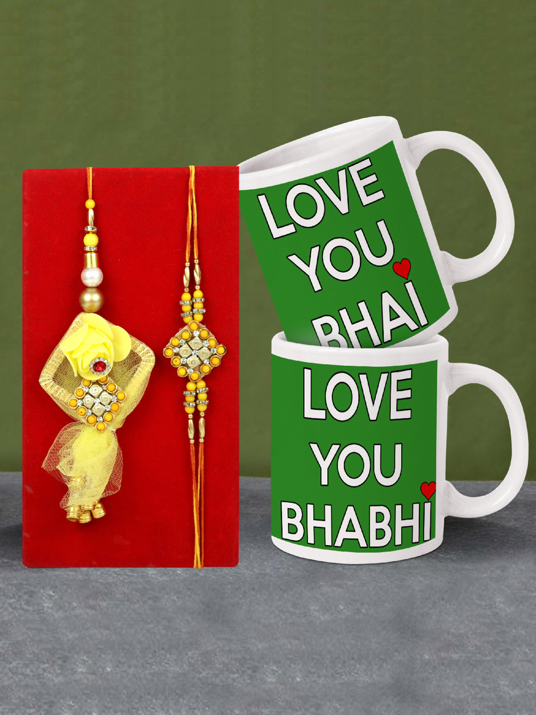 

TIED RIBBONS Gold Tone Bhaiya Bhabhi Rakhi Lumba Set With Printed Coffee Mug Combo