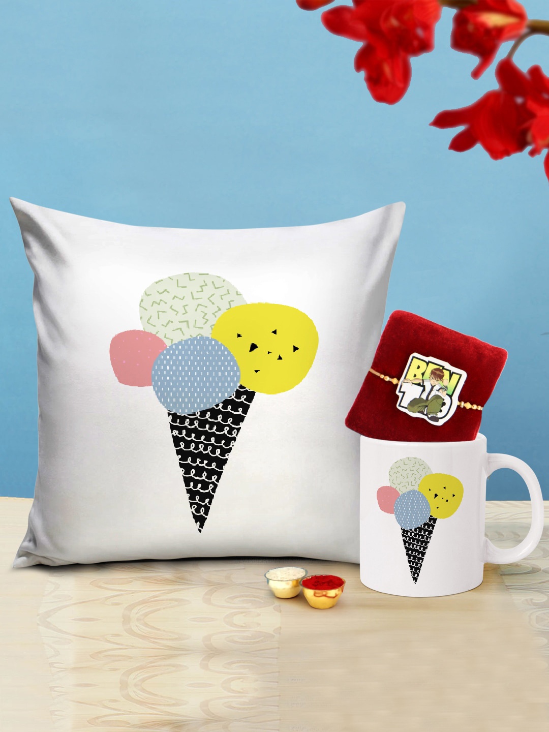 

TIED RIBBONS Kids Rakhi With Printed Cushion Coffee Mug Gift Set, White