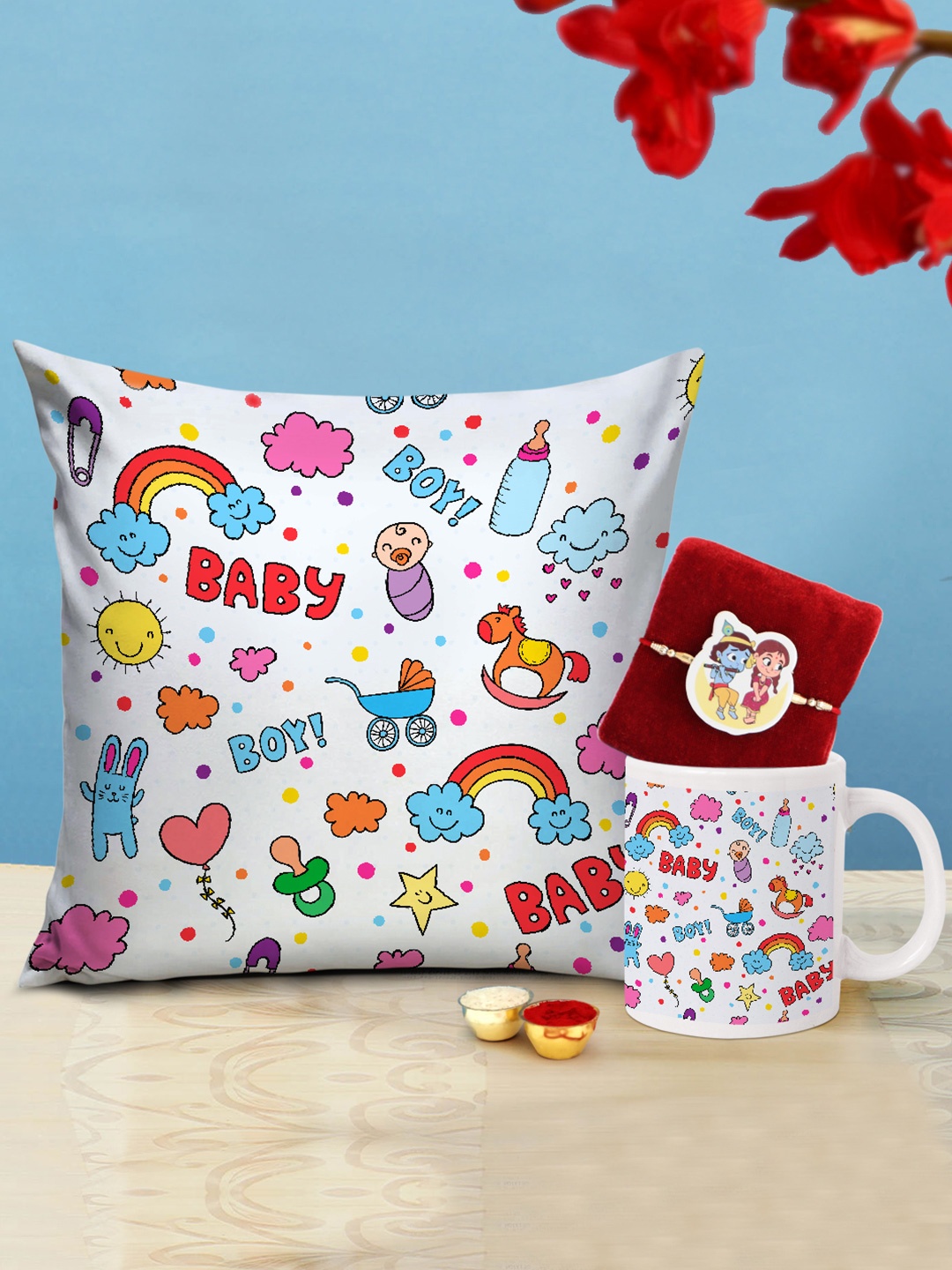 

TIED RIBBONS Rakhi With Printed Cushion Coffee Mug Gift Set, Off white