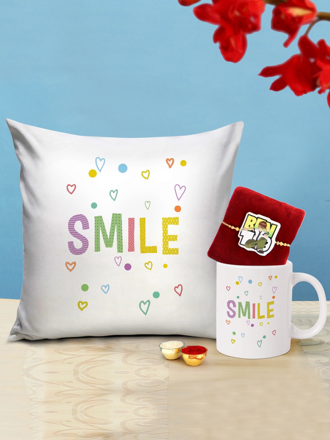 

TIED RIBBONS Kids Multi-colored Rakhi with Printed Cushion Coffee Mug Gift Set, White