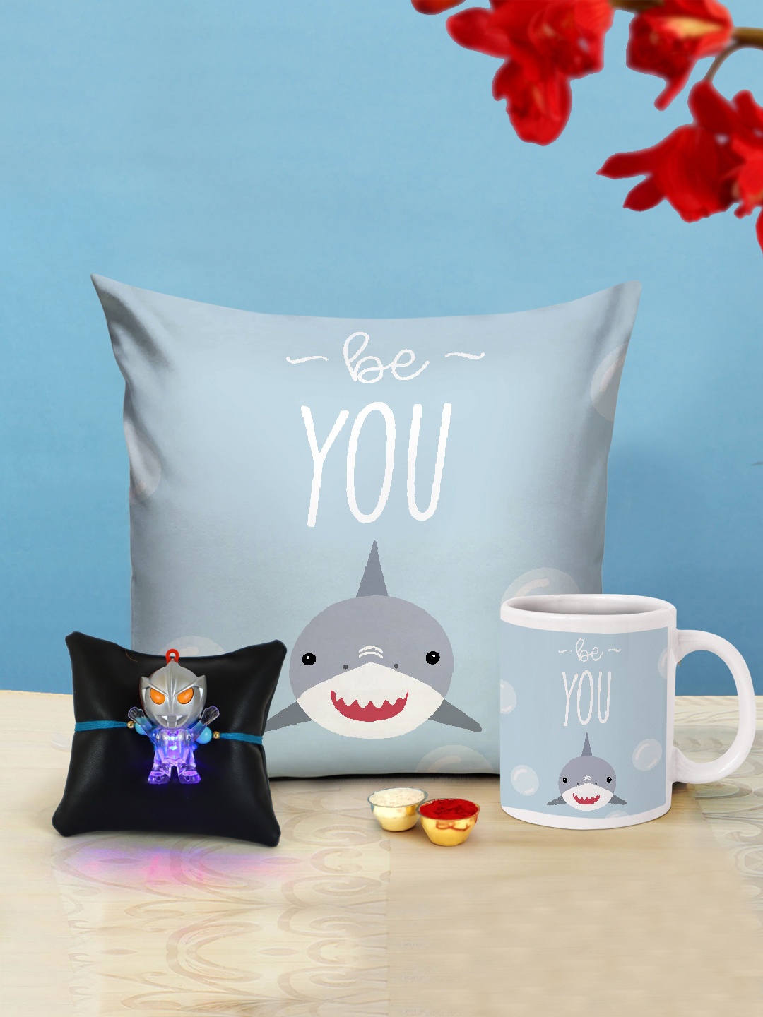

TIED RIBBONS Kids LED Rakhi with Printed Coffee Mug And Cushion, Multi