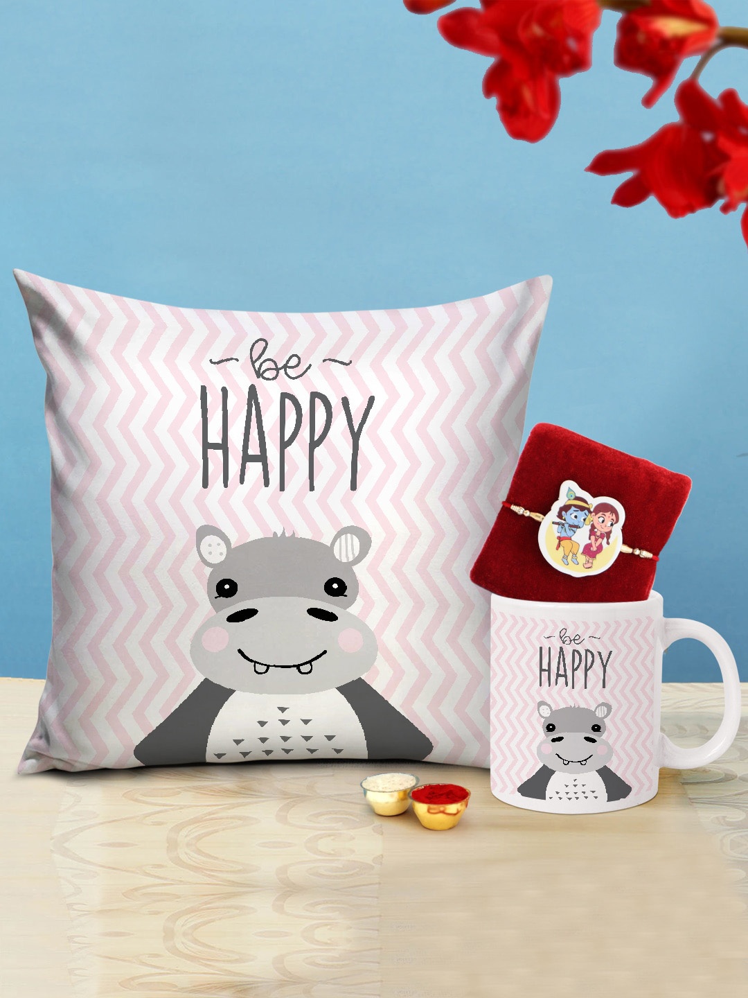

TIED RIBBONS Kids Rakhi with Printed Cushion Coffee Mug Gift Set, Multi