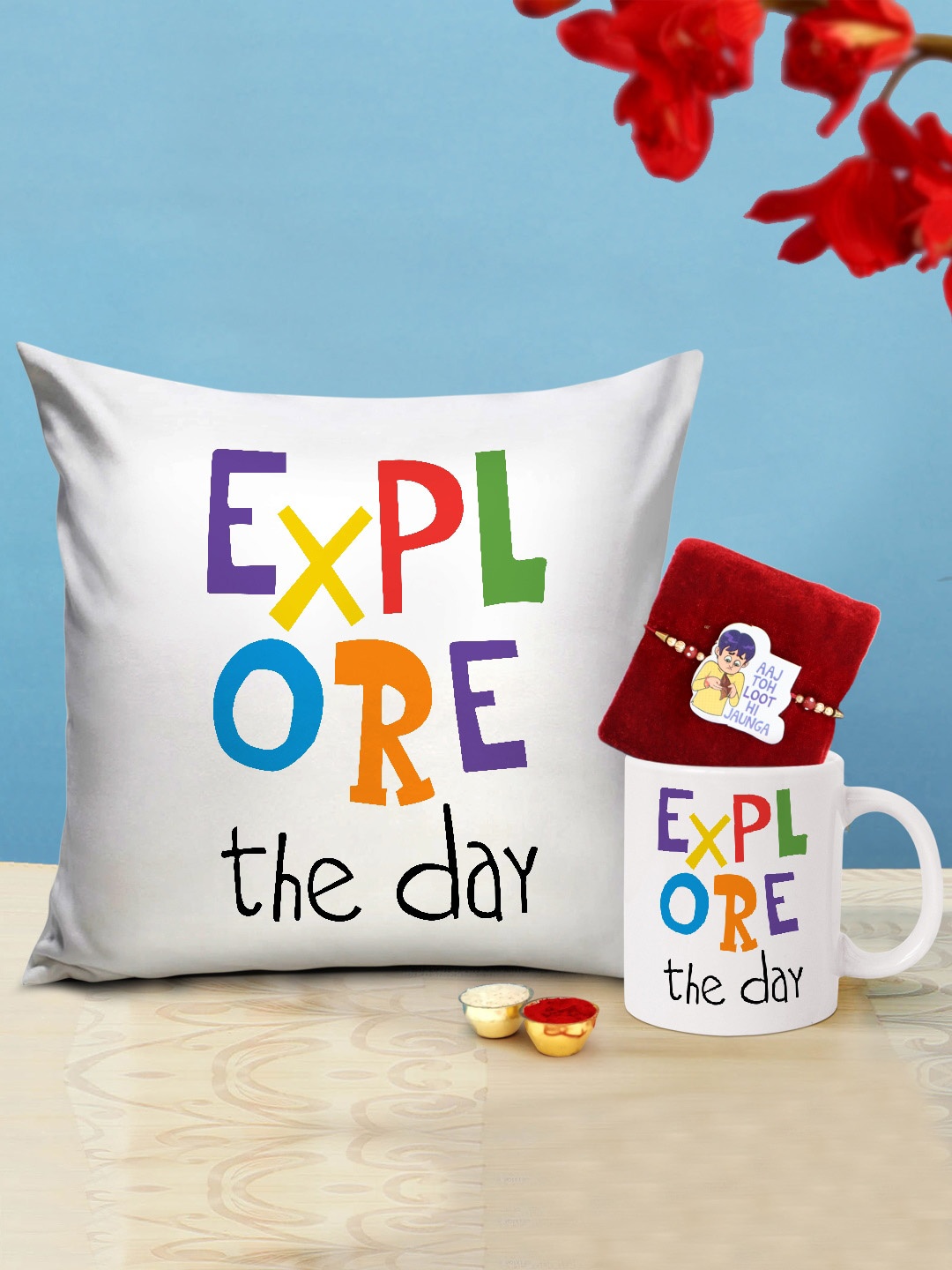 

TIED RIBBONS Kids Multicoloured Rakhi with Printed Cushion Coffee Mug Gift Set, Red