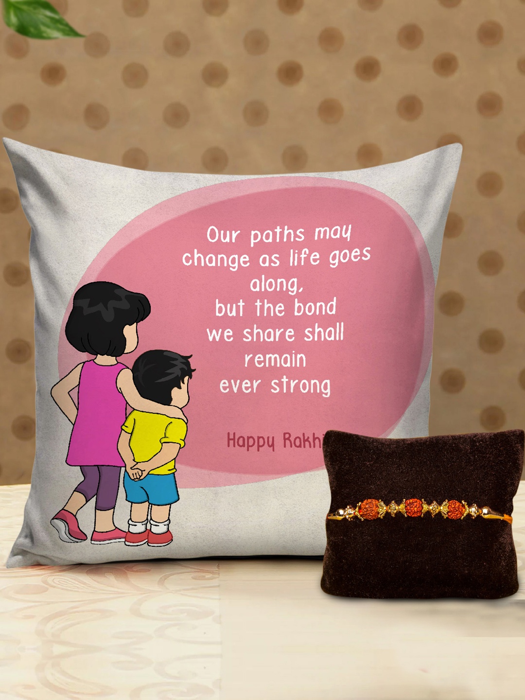

TIED RIBBONS Red & Gold-Toned Rudraksha Rakhi with Printed Cushion & Filler Gift Set
