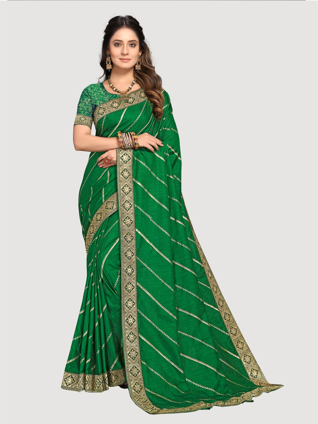 

KALINI Green & Gold-Toned Embellished Pure Cotton Banarasi Saree