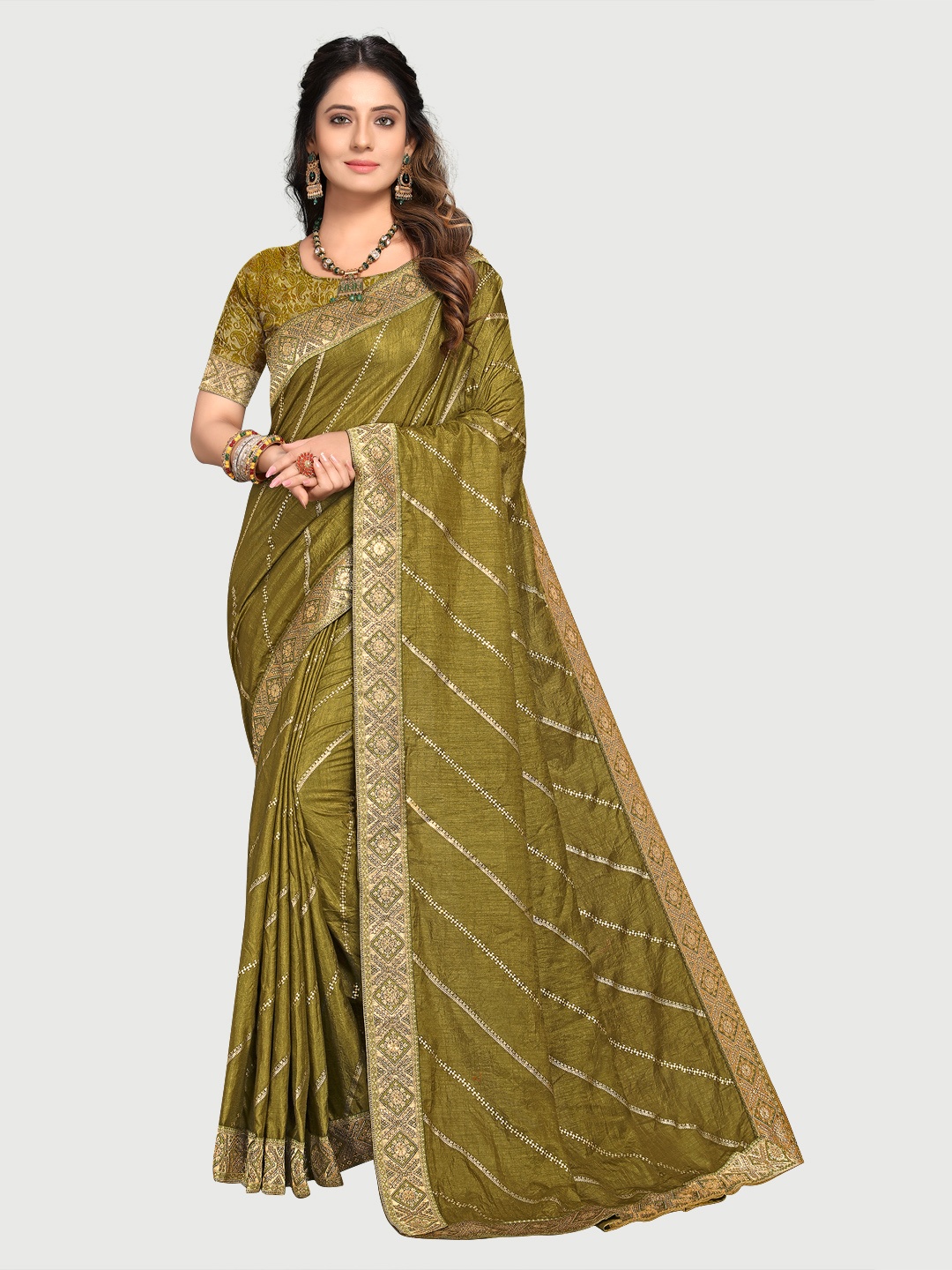 

KALINI Olive Green & Gold-Toned Ethnic Motifs Zari Pure Cotton Banarasi Saree