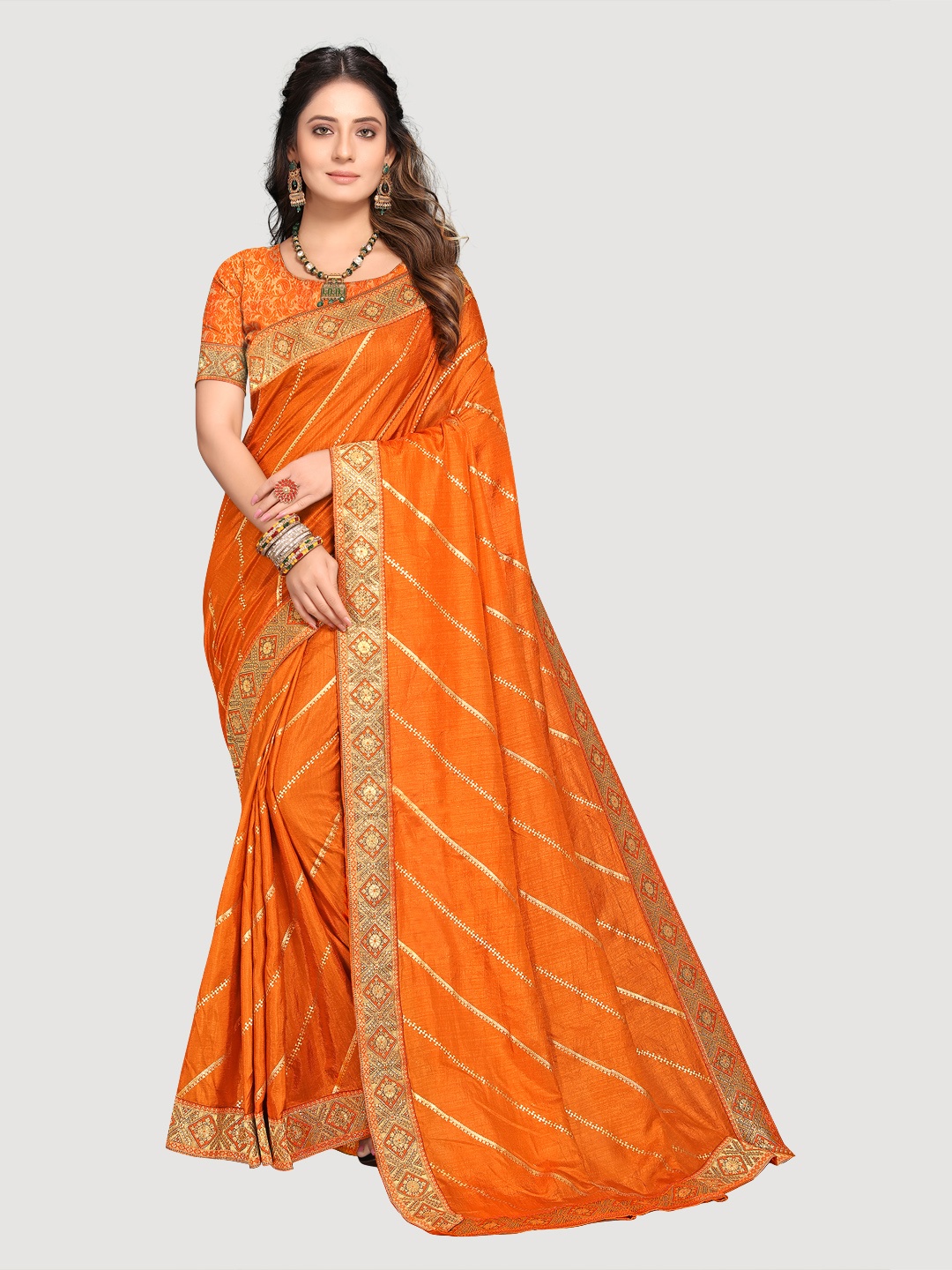 

KALINI Orange & Gold-Toned Embellished Pure Cotton Banarasi Saree