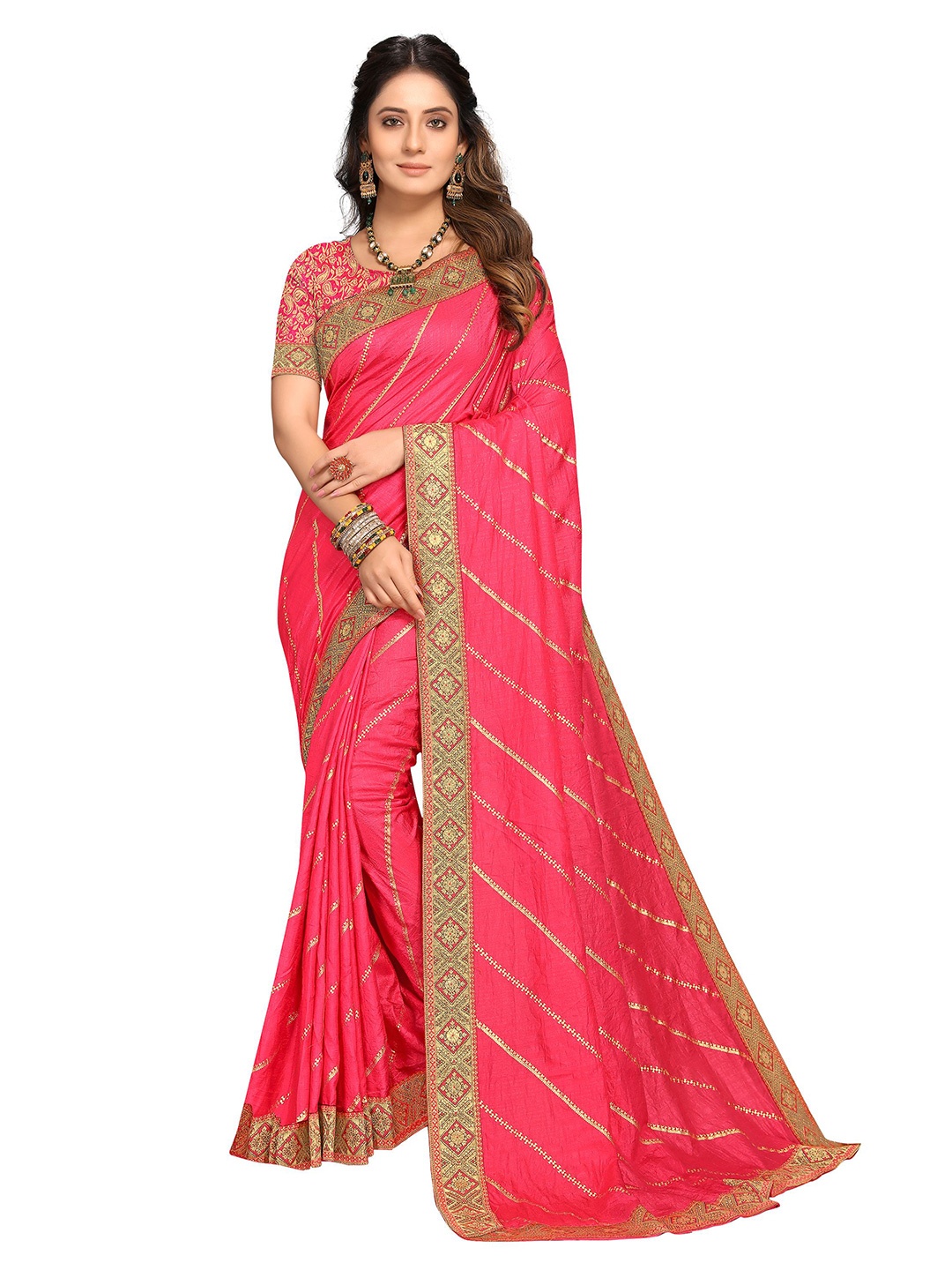 

KALINI Pink & Gold-Toned Ethnic Motifs Embroidered Pure Cotton Banarasi Saree