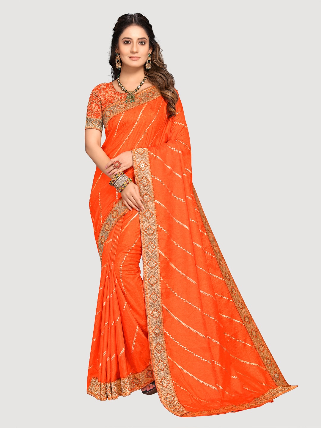 

KALINI Orange & Gold-Toned Striped Zari Pure Cotton Banarasi Saree