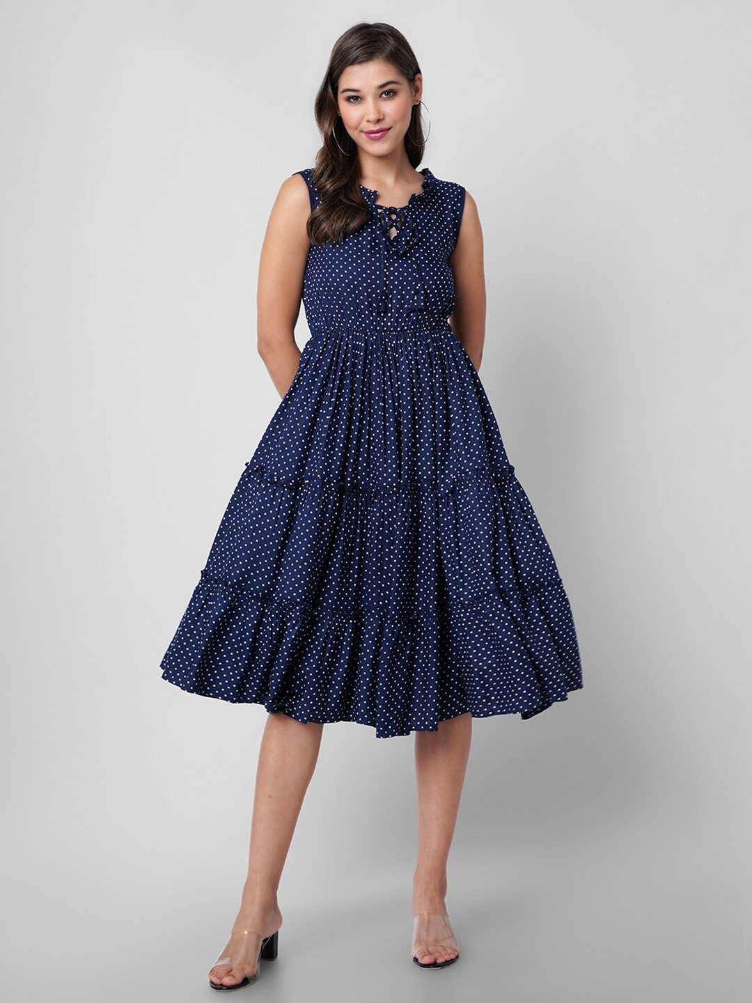 

DAEVISH Women Blue Tie-Up Neck Polka Dot Printed Dress