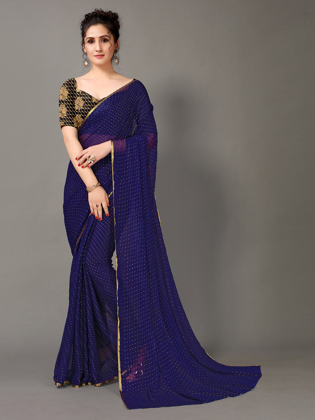 

HRITIKA Navy Blue Solid Zari Saree