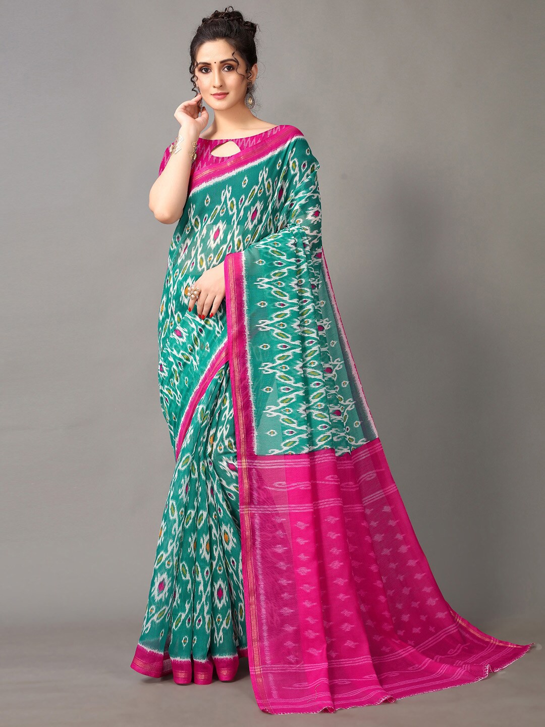 

HRITIKA Green & Pink Ethnic Motifs Zari Saree