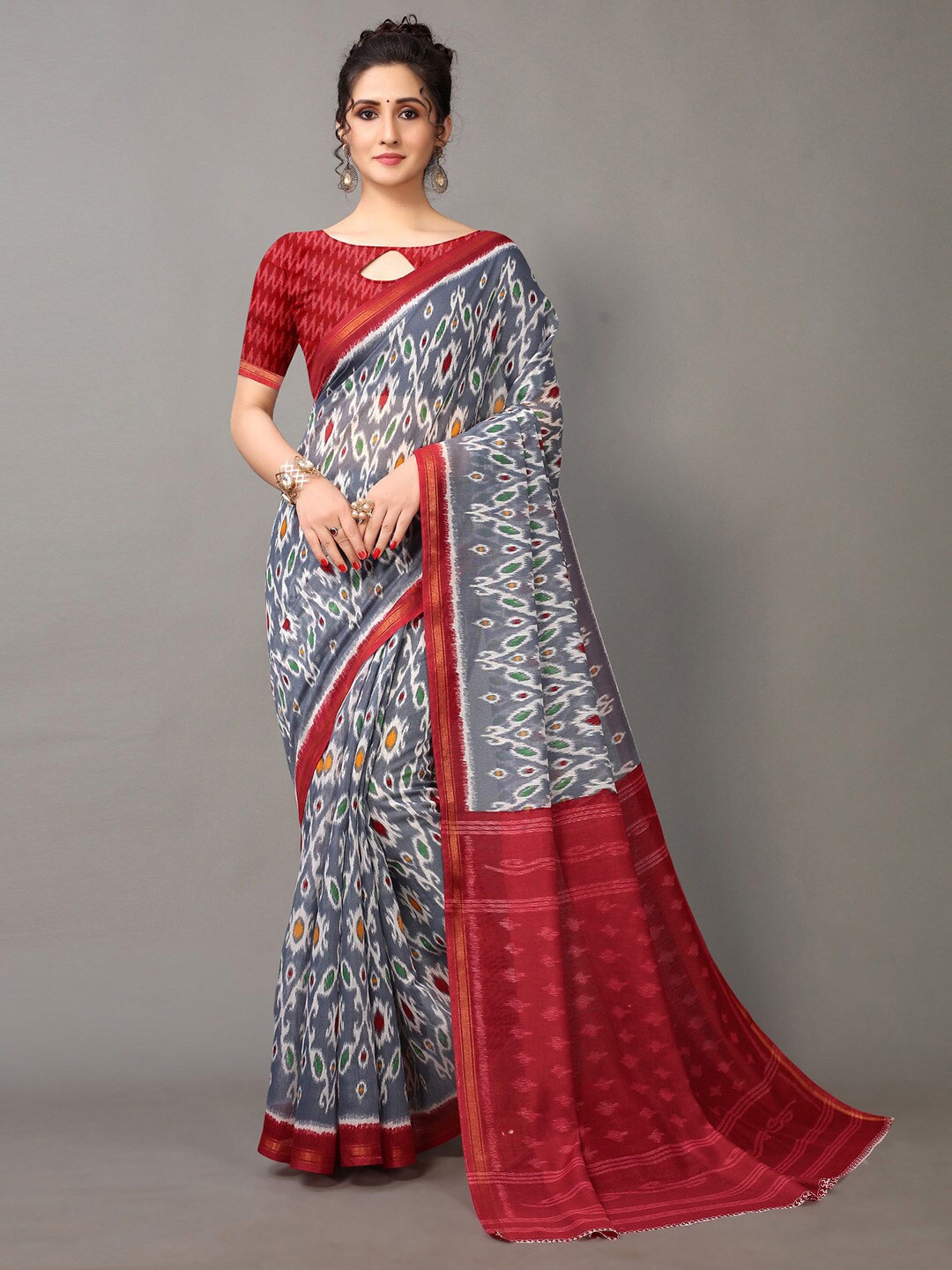 

HRITIKA Grey & Red Ethnic Motifs Zari Saree