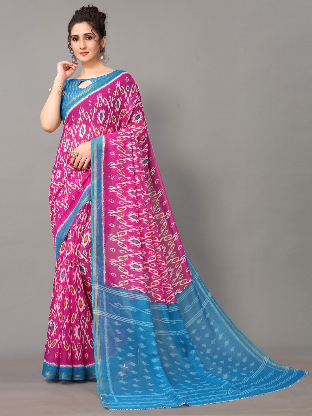 

HRITIKA Women Pink & Blue Ethnic Motifs Ikat Printed Saree