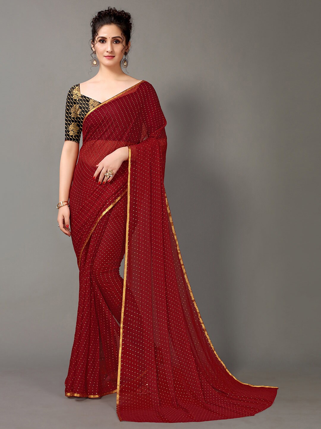 

HRITIKA Maroon & Gold-Toned Embellished Saree