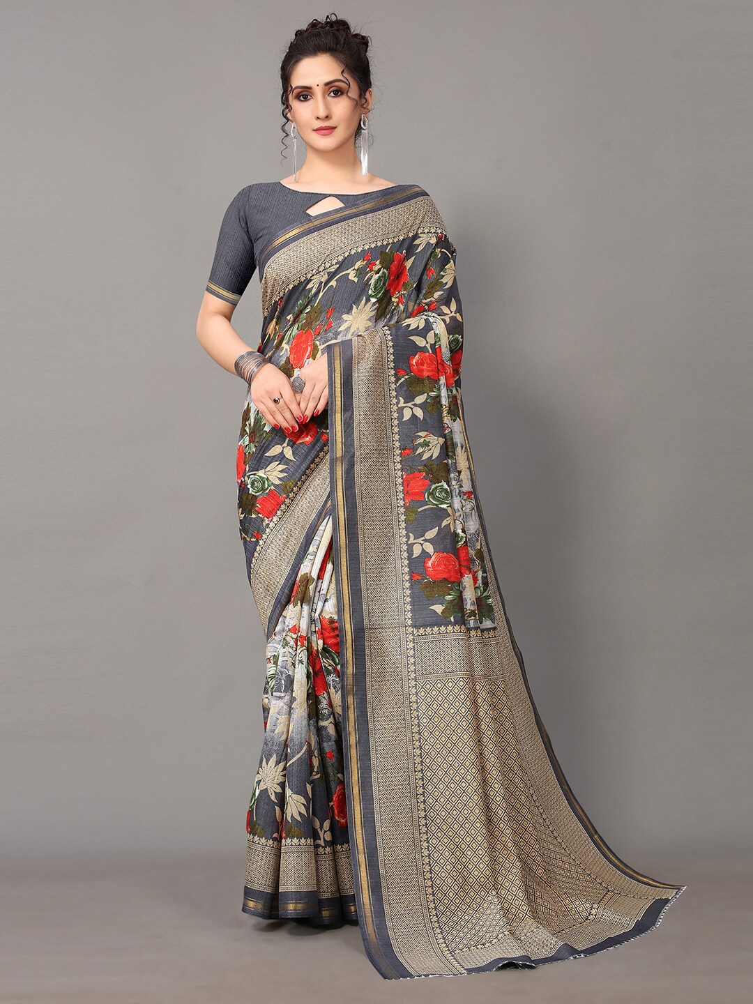 

HRITIKA Grey & Red Floral Zari Saree