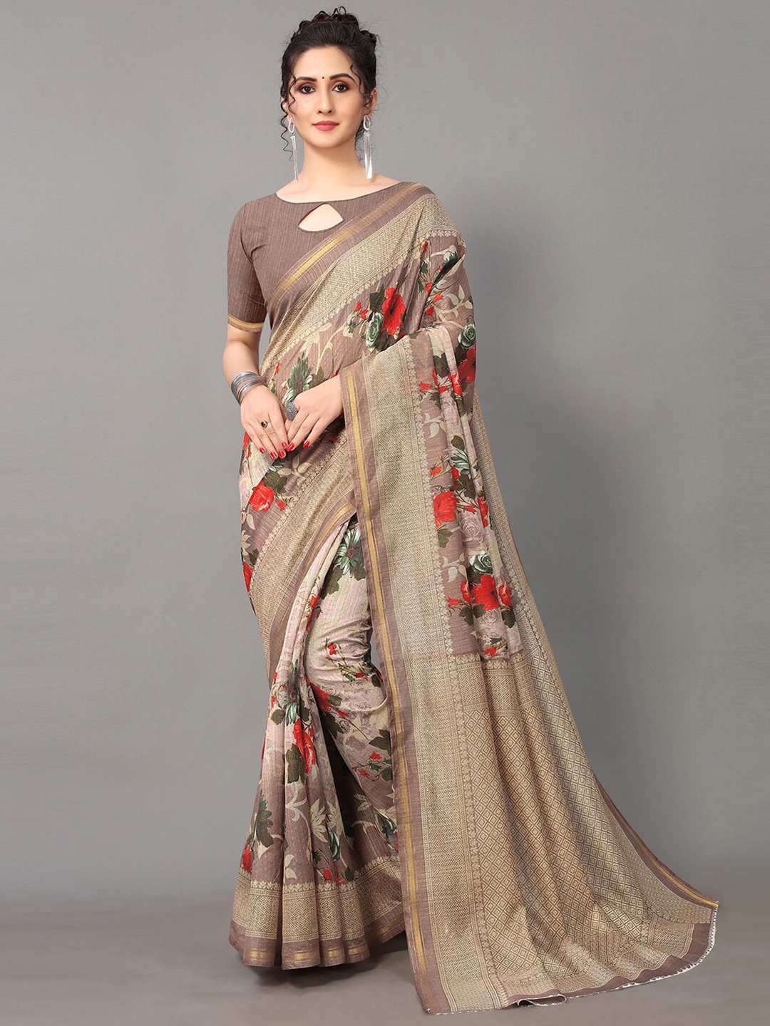 

HRITIKA Brown & Copper-Toned Floral Zari Saree