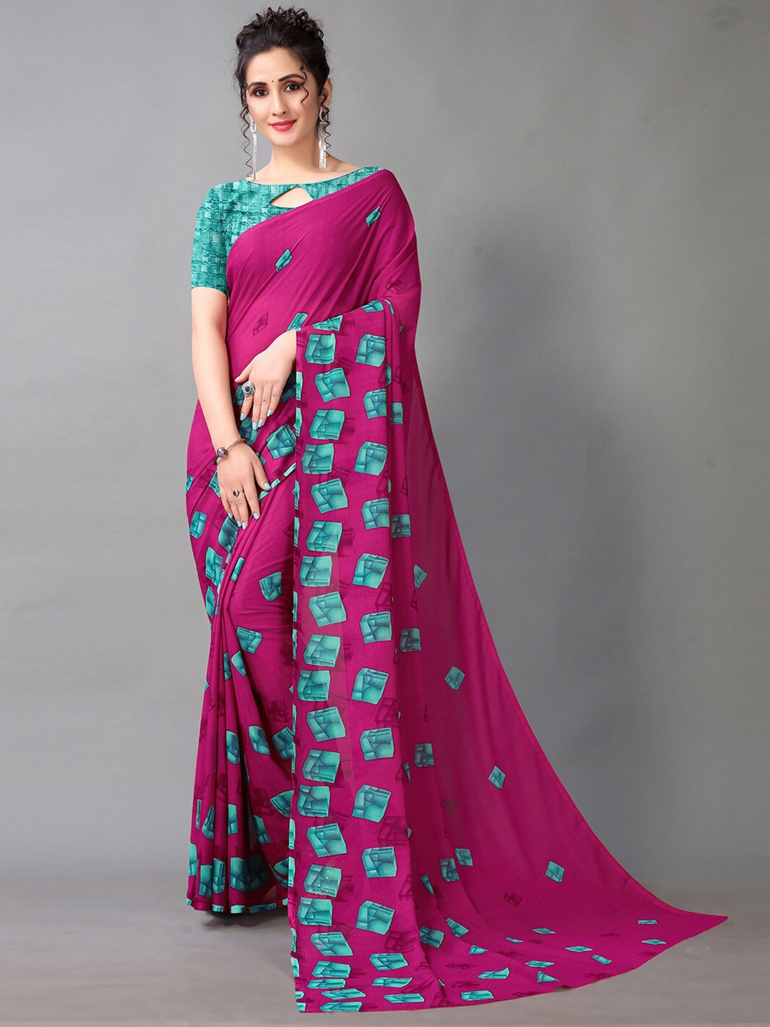 

HRITIKA Purple & Blue Geometric Saree