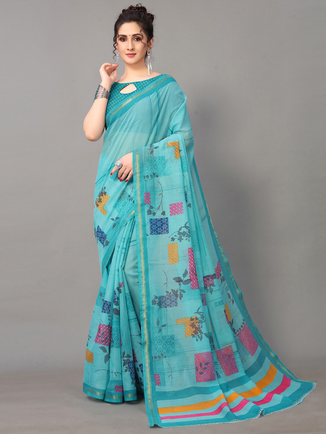 

HRITIKA Blue & Pink Floral Zari Saree