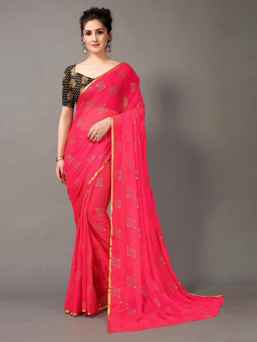 

HRITIKA Pink & Gold-Toned Ethnic Motifs Saree
