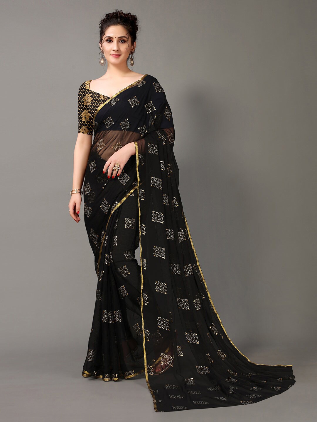 

HRITIKA Black & Gold-Toned Nylon Chiffon Foil Printed Saree