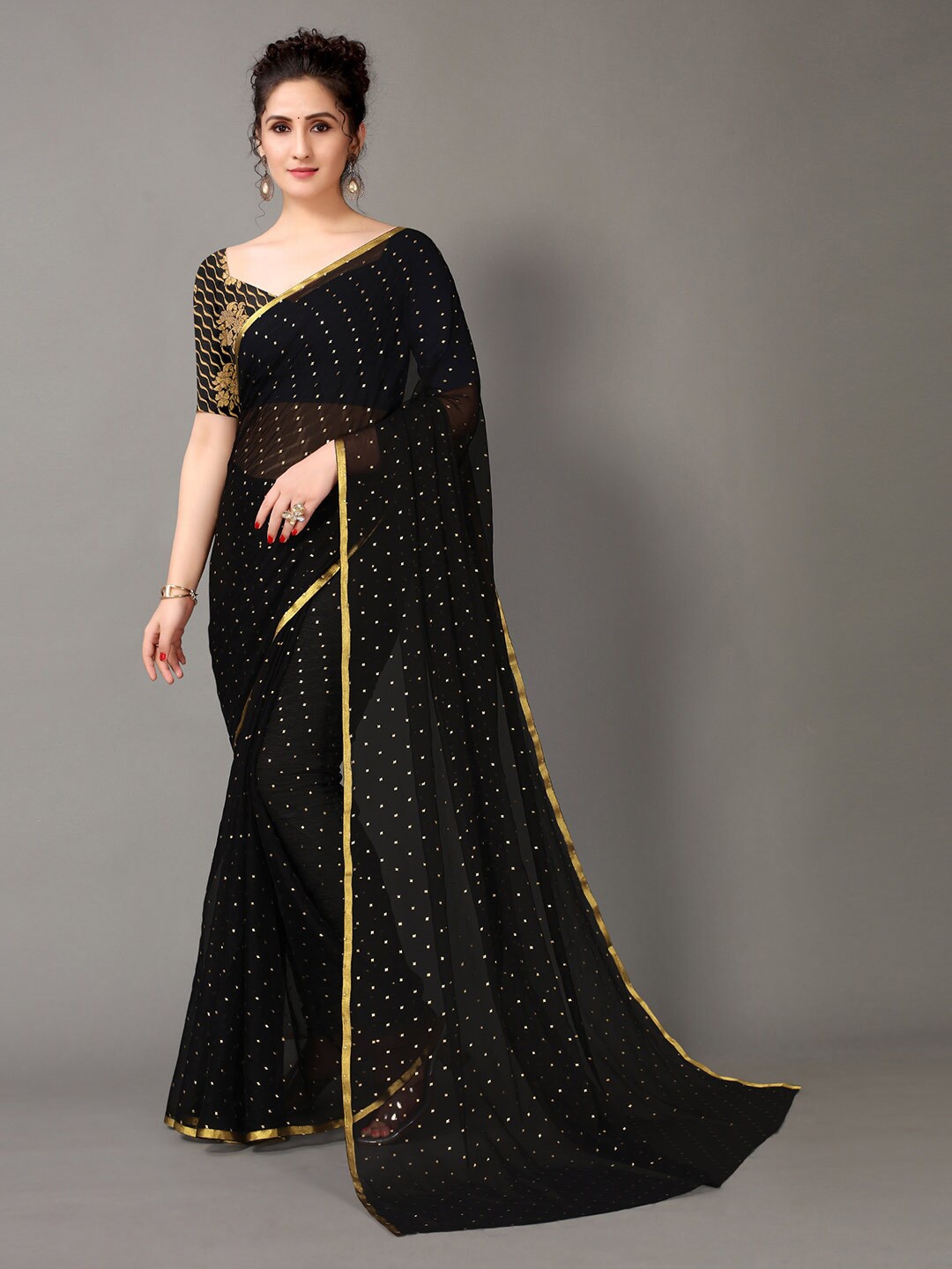 

HRITIKA Black & Gold-Toned Ethnic Motifs Zari Saree