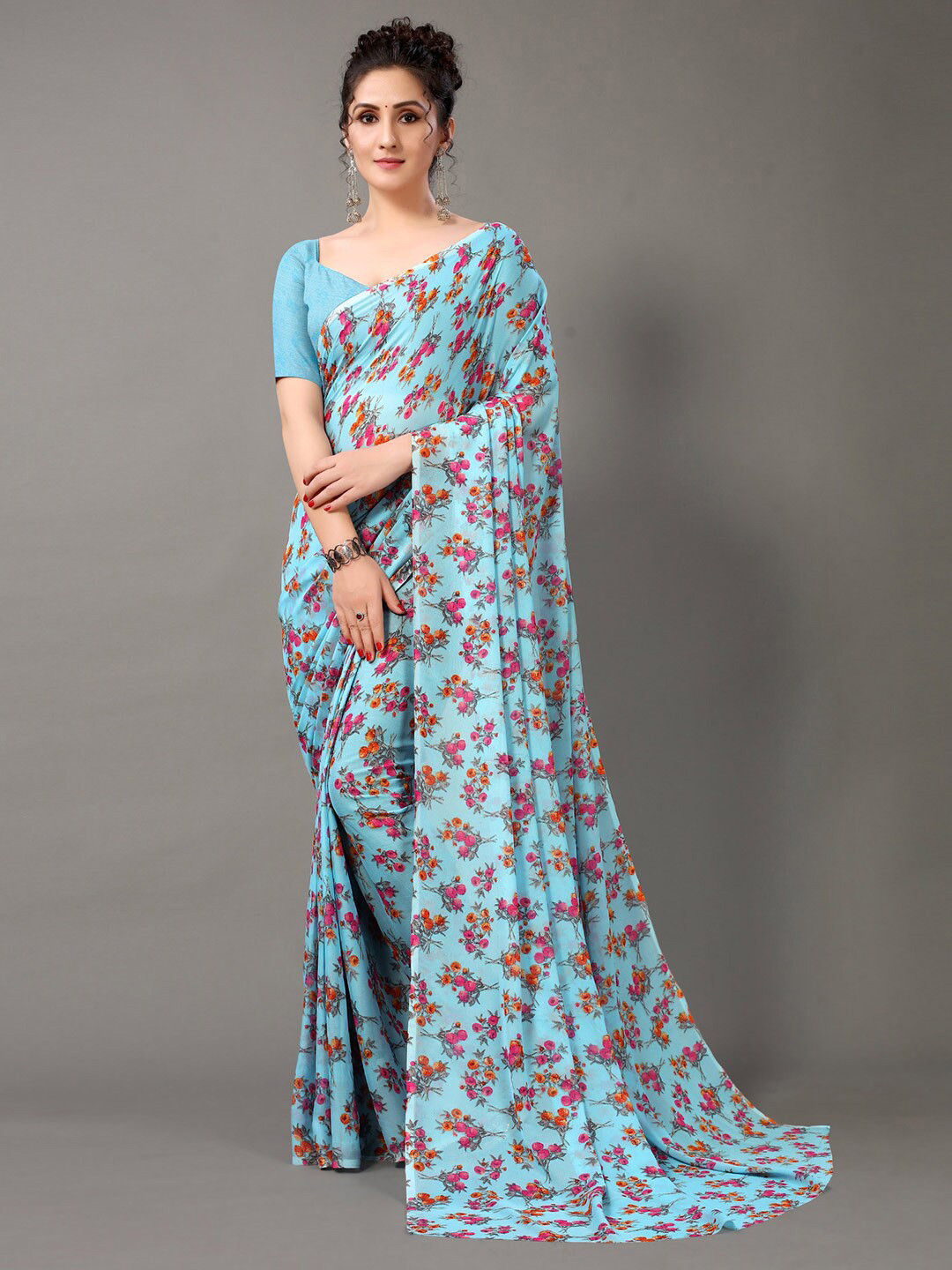 

HRITIKA Blue & Pink Floral Printed Saree
