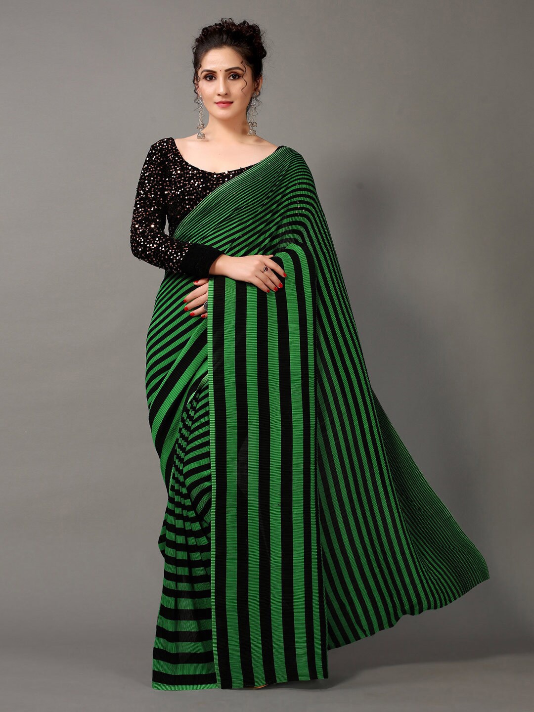 

HRITIKA Green & Black Leheriya Saree