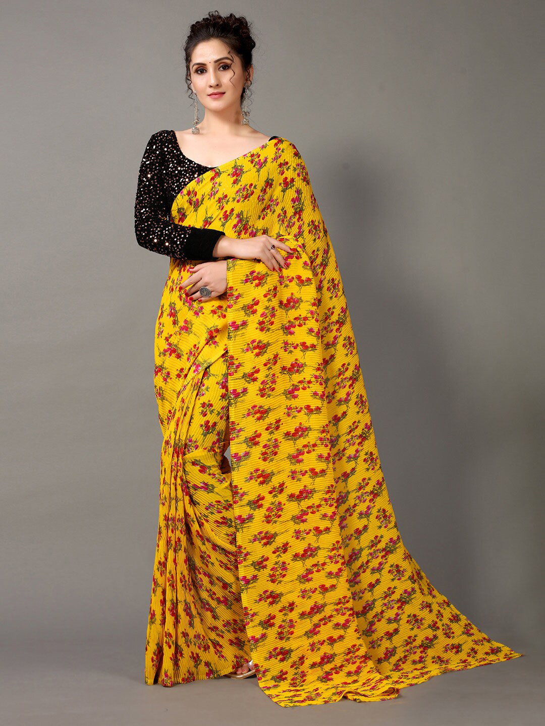 

HRITIKA Yellow & Green Floral Saree