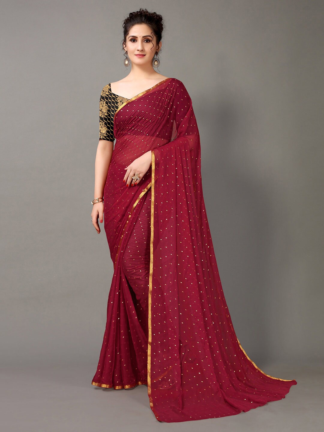 

HRITIKA Maroon & Gold-Toned Ethnic Motifs Saree