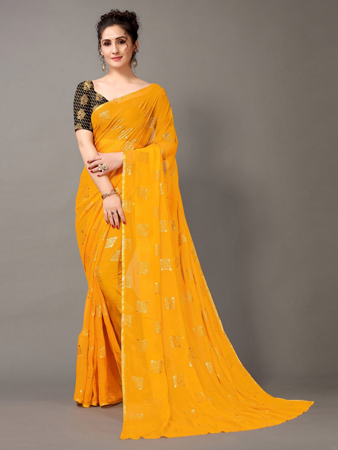

Hritika Yellow Nylon Chiffon Foil Print Printed Saree