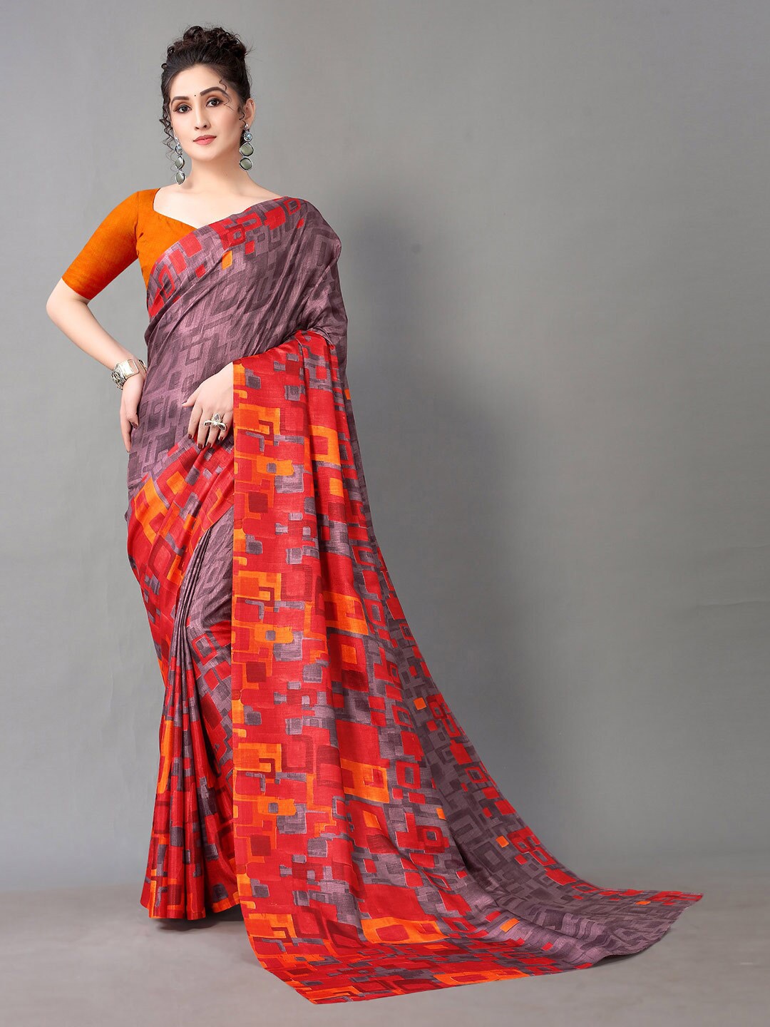 

HRITIKA Violet & Red Silk Blend Mysore Geometric Printed Saree