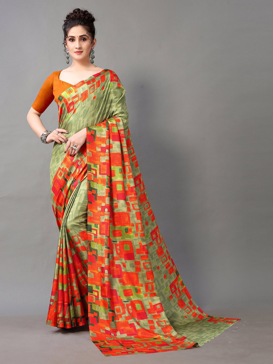 

HRITIKA Green & Orange Silk Blend Mysore Geometric Printed Saree