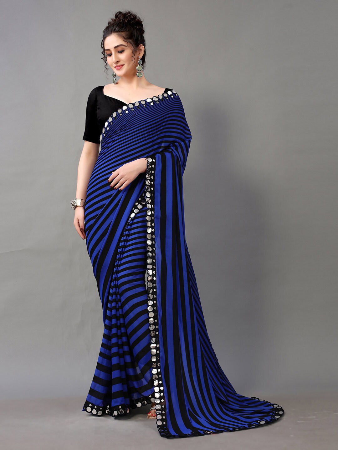 

HRITIKA Blue & Black Striped Saree