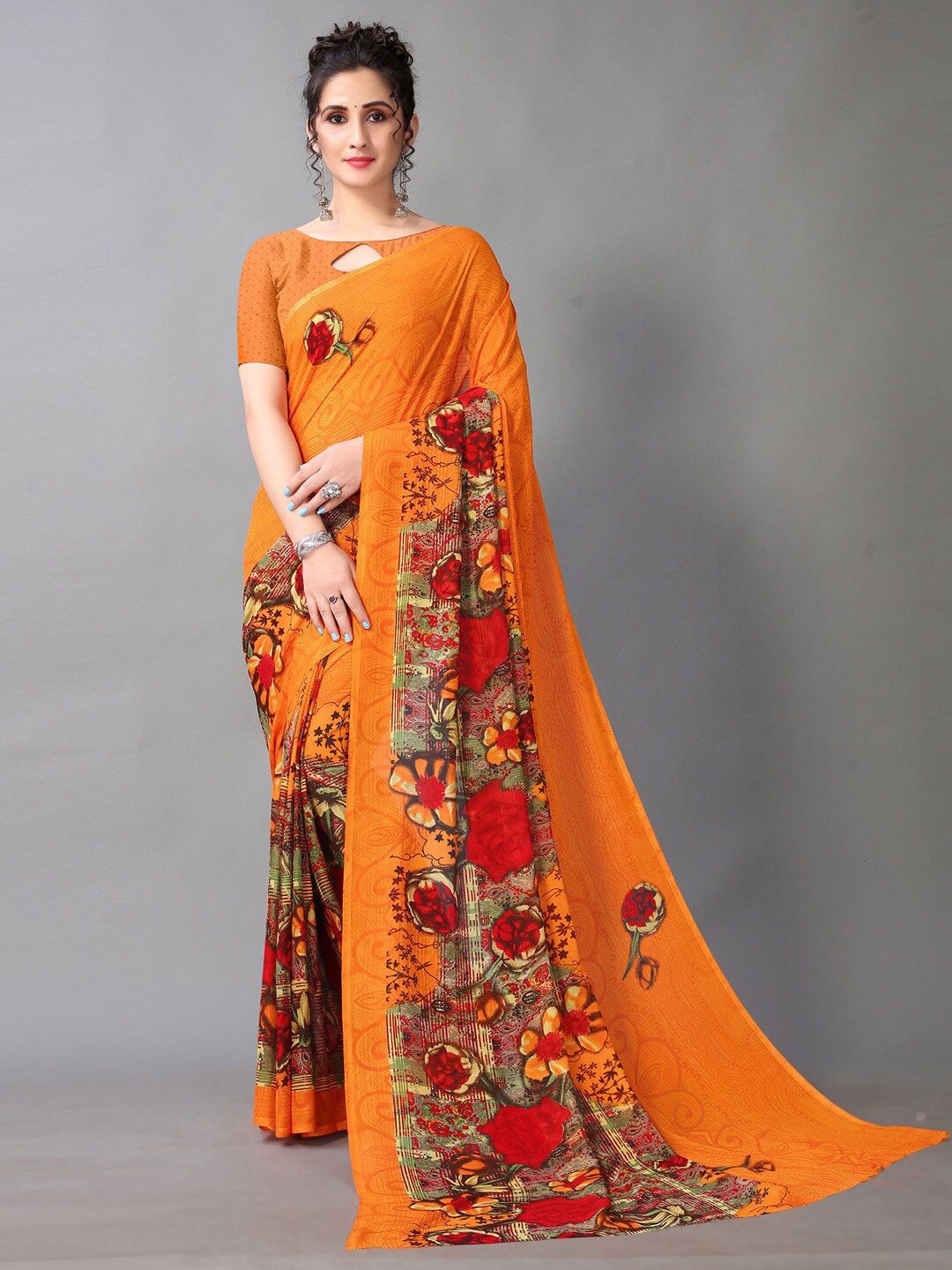 

HRITIKA Orange & Red Floral Saree