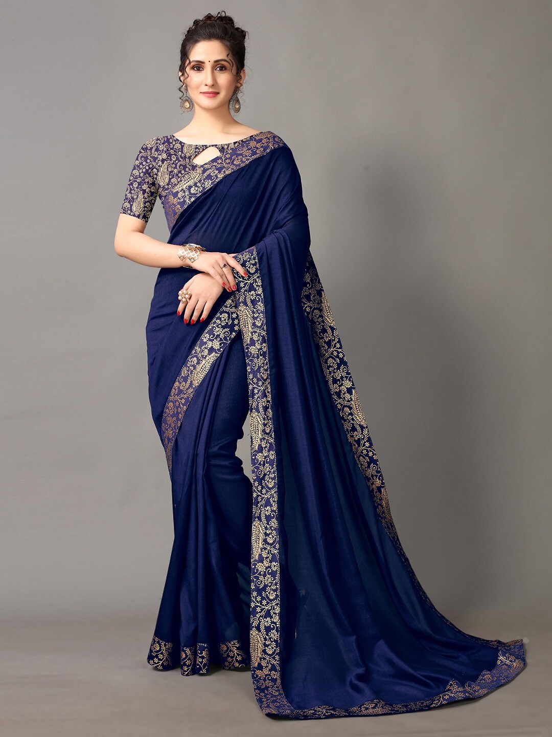 

HRITIKA Navy Blue & Gold-Toned Silk Blend Saree