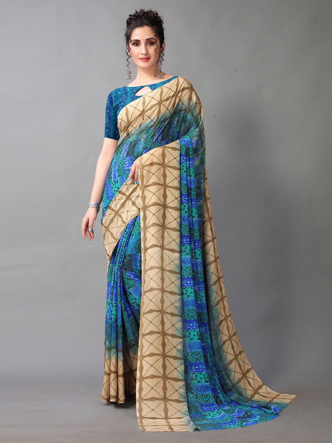

HRITIKA Blue & Brown Ethnic Motifs Block Printed Saree