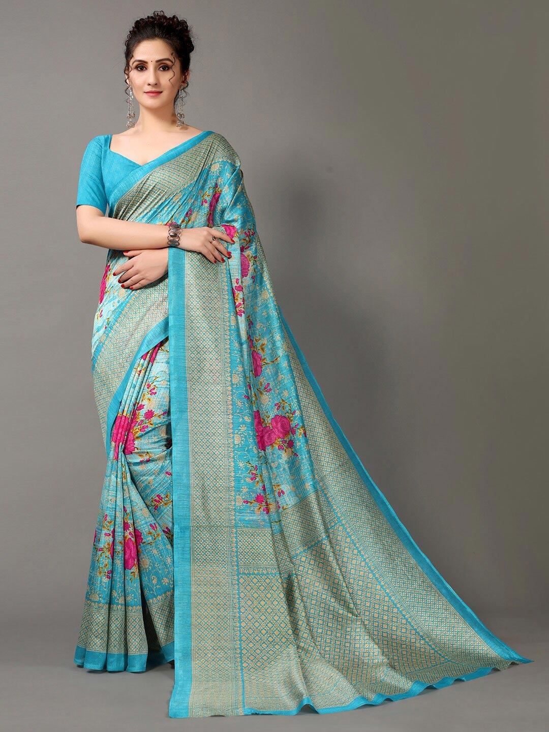 

HRITIKA Women Blue & Pink Floral Art Silk Saree
