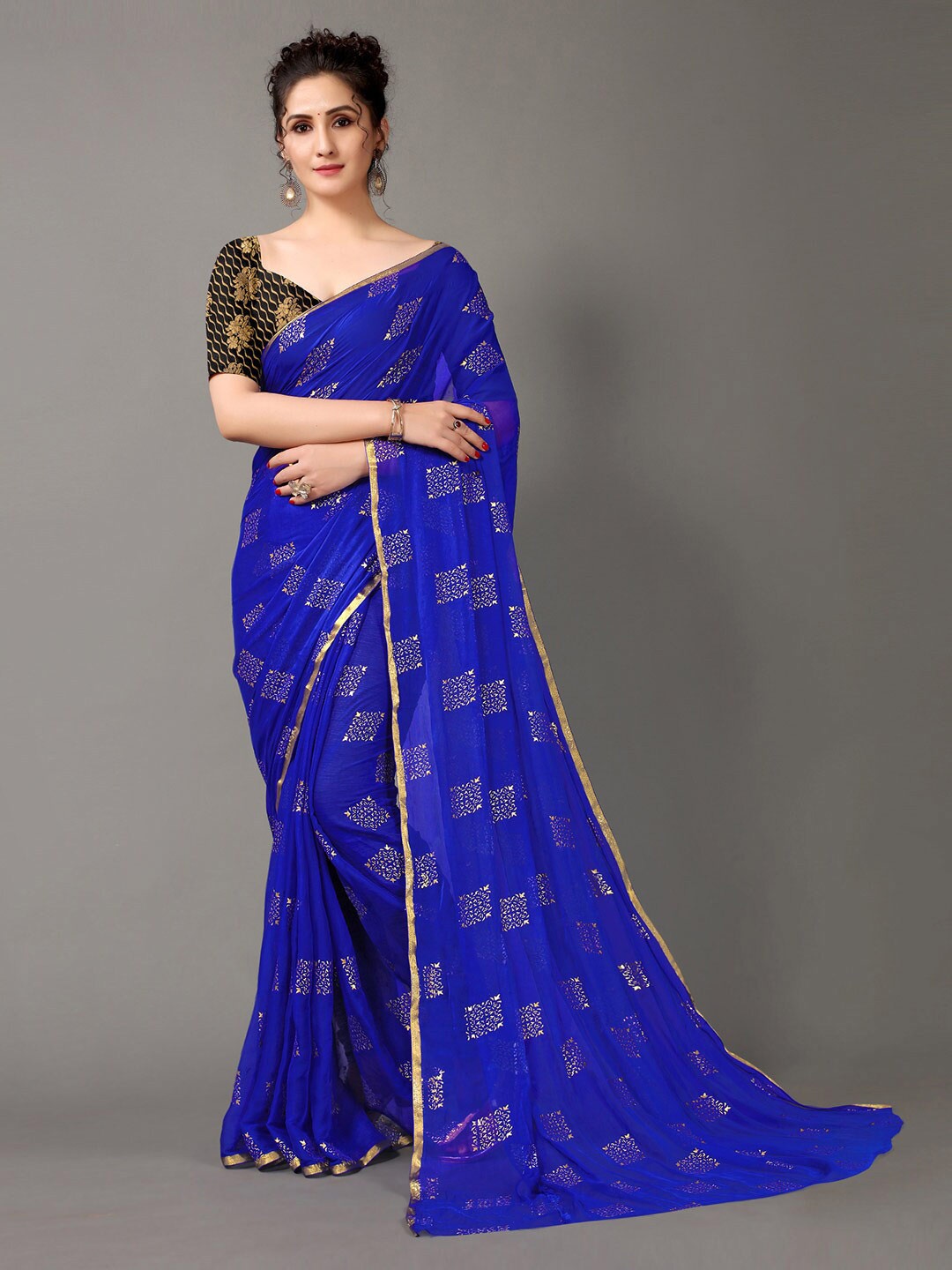 

HRITIKA Blue & Gold-Toned Ethnic Motifs Saree
