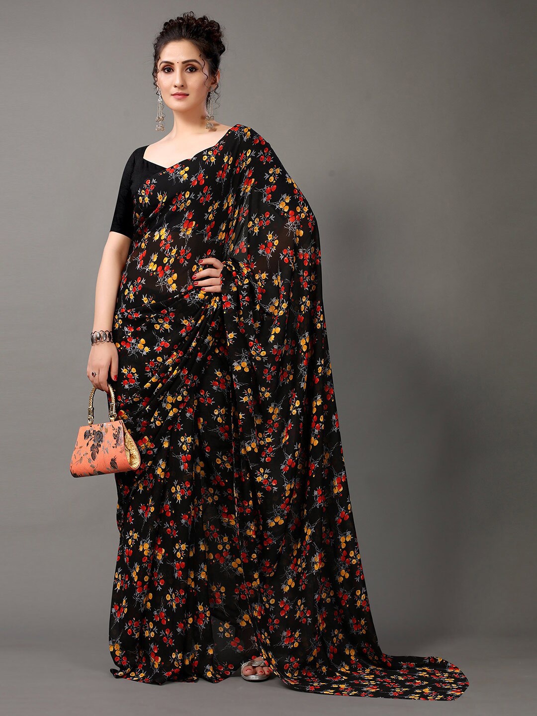 

HRITIKA Black & Red Floral Saree
